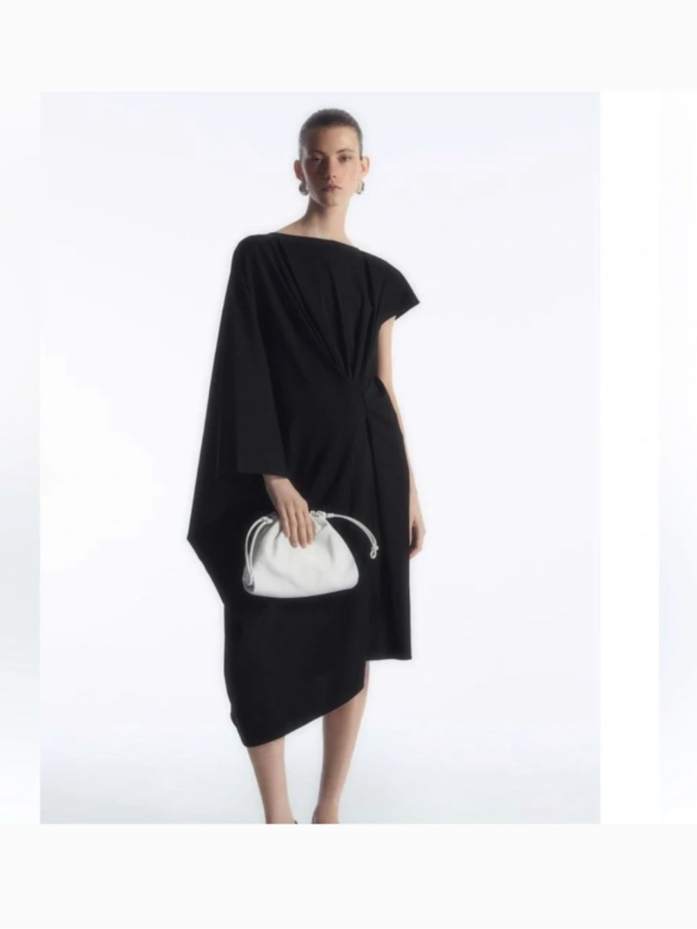 COS Draped Asymmetrical Black Midi Dress Size M